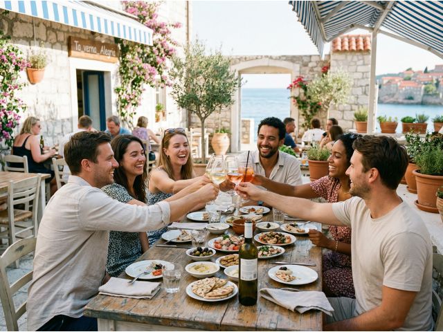 Παρέα φίλων απολαμβάνει φαγητό και ποτό σε εξωτερικό εστιατόριο